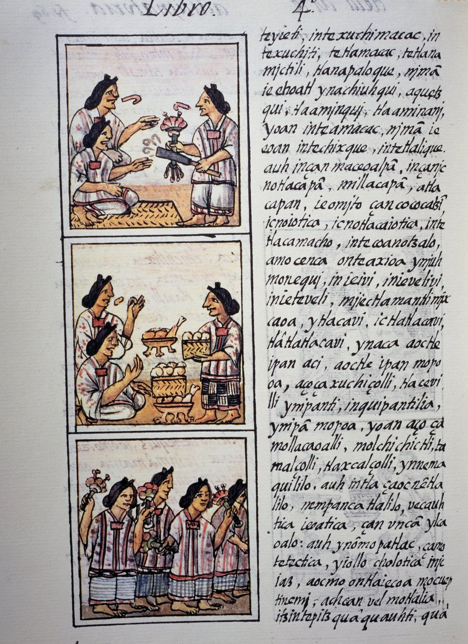 Naiset valmistavat juhlaa, Firenzen Codexin IV kirja, kaksikielinen versio espanjaksi ja nahuatliksi, Uuden Espanjan asioiden yleinen historia (Historia general de las cosas de Nueva Espana), atsteekkien sivilisaatio tekijältä William M. Timlin