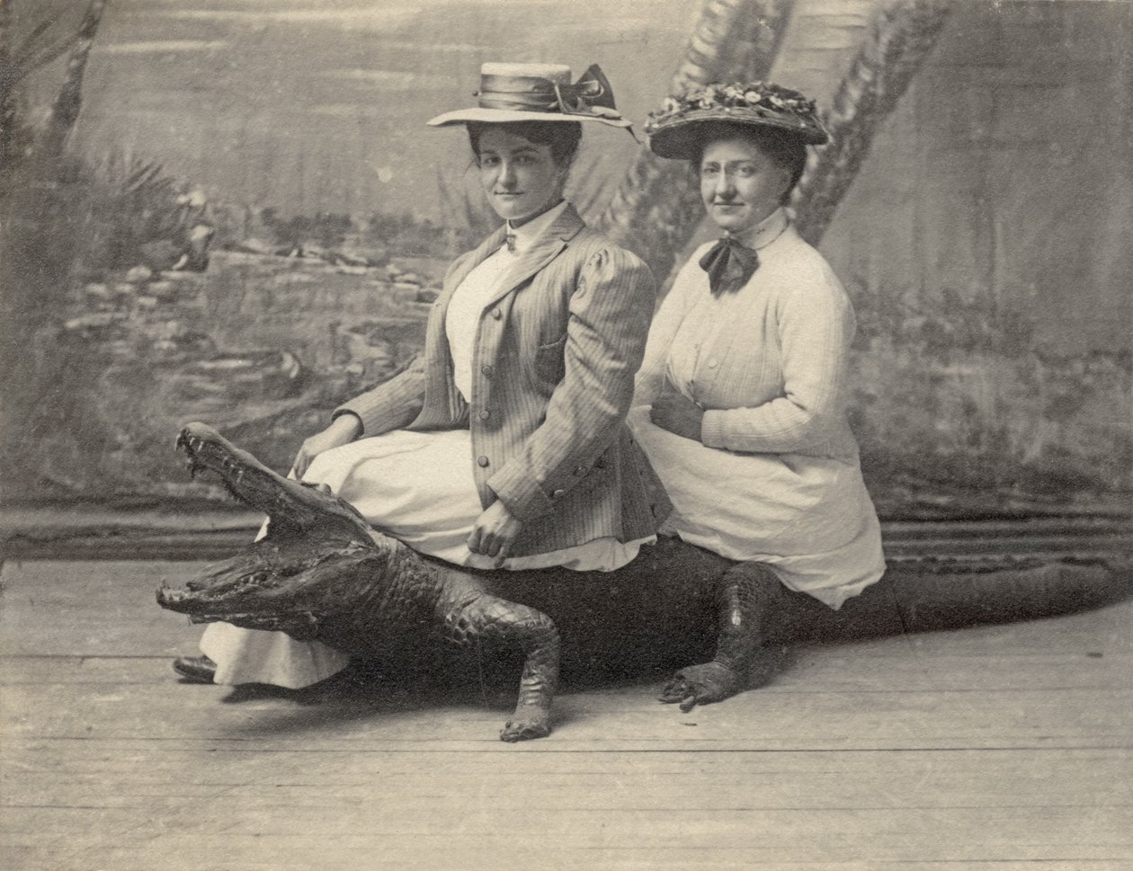 Naiset istuvat täytetyllä alligaattorilla, n. 1905 (b/w kuva) tekijältä Unbekannter Künstler