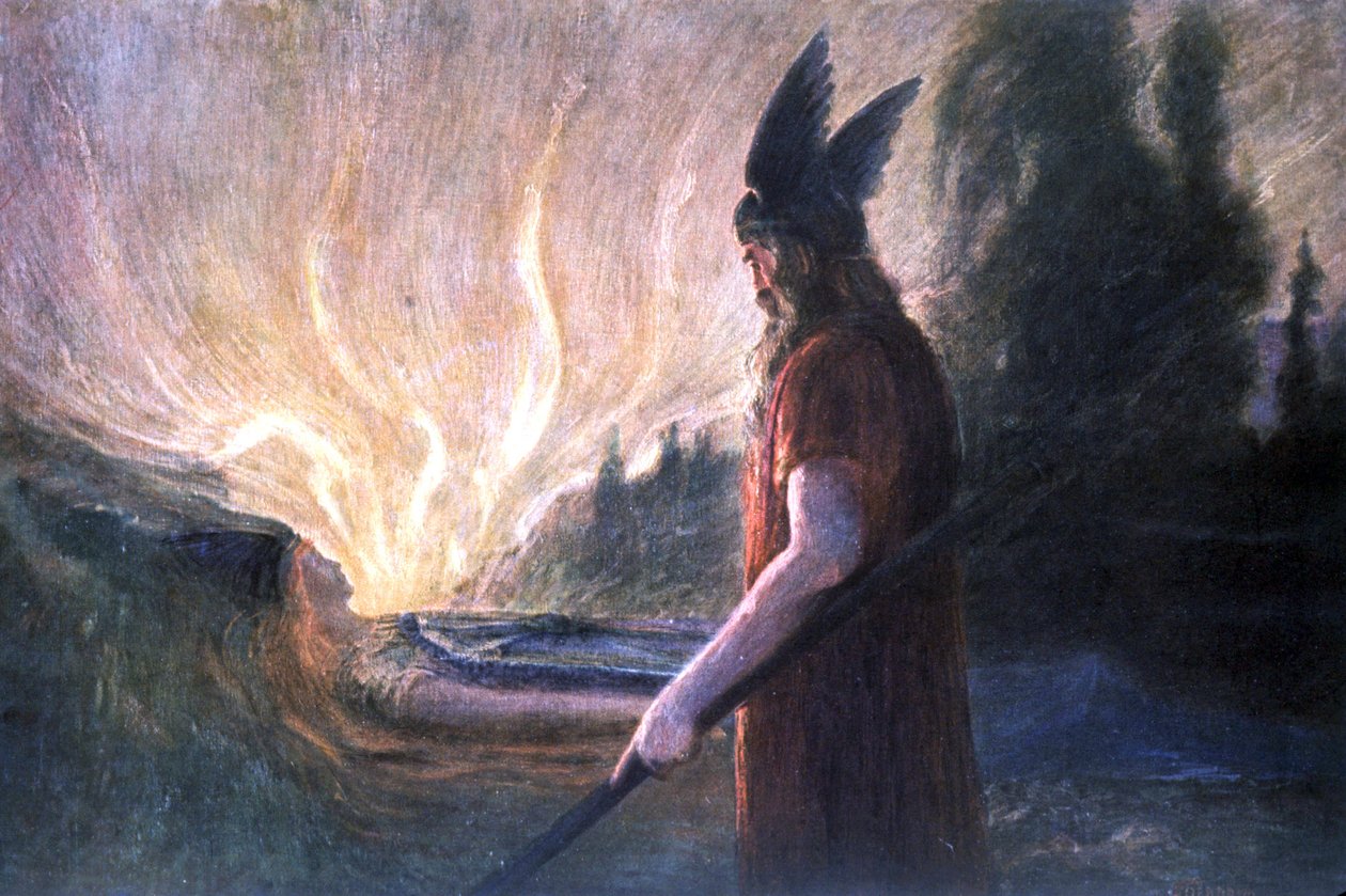 Wotan Brunnhildin paalun edessä, 1900-luvun alku (postikortti) (postikortti) tekijältä Unbekannter Künstler
