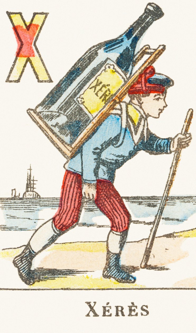 X : Xeres, poika pitää selässään suurta viinipulloa - Games Alphabet, n.1890 (kaiverrus) tekijältä Unbekannt