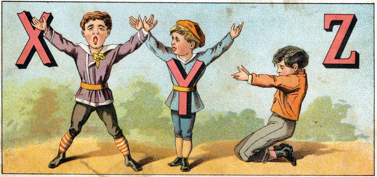 X Y- ja Z-kirjaimet jäljittelevät kehon asentoa. Kaiverrus "Alphabet des petits ecoliers". Epinalin kuva, noin 1885. Privee Collection tekijältä Unbekannt