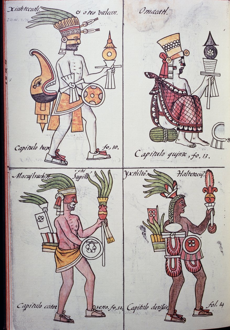 Xiuhtecuhtli, Omacatl, Macuilxochitl, Ixtlilton, sivu Florentine Codexista, espanja- ja nahuatlinkielinen versio, Uuden Espanjan asioiden yleinen historia (Historia general de las cosas de Nueva Espana), Aztec tekijältä Benjamin Baud