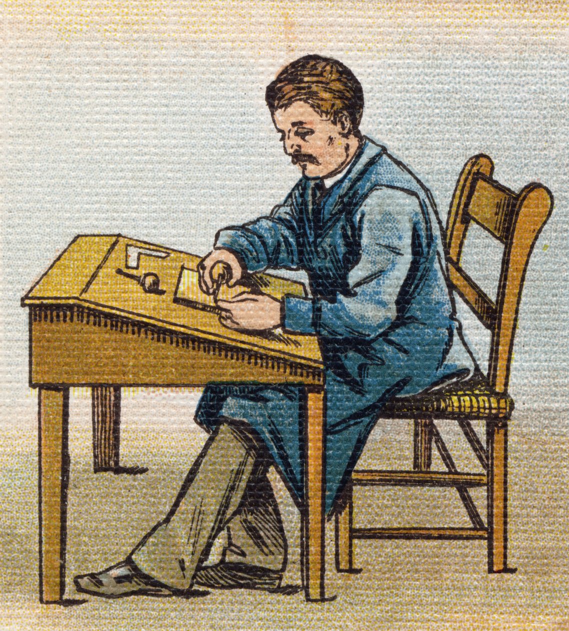 Ksylografi studiossaan. Kaiverrus "Alphabet de ma petite fille". Bernardin-Bechet ja Fils, kirjakauppias-kustantajat, Pariisi, noin 1895. Rikkoutumaton albumi kankaalle. Bibliotheque des Bebes. 12 sivua. Albumi, joka sisältää lukumenetelmän ja kuvituksen tekijältä Unbekannt