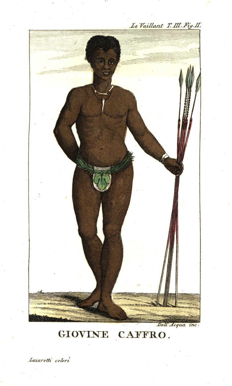 Nuori san-mies keihäiden kanssa, Etelä-Afrikka. Francois Le Vaillantilta (Levaillant). tekijältä Unbekannter Künstler