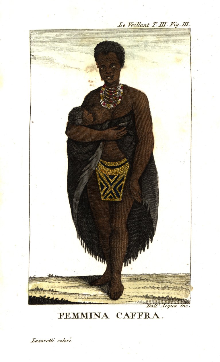 Nuori san-nainen imettää lasta, Etelä-Afrikka. Hänellä on viitta, kaulakoruja ja helmihame. Francois Le Vaillantilta (Levaillant). tekijältä Unbekannter Künstler