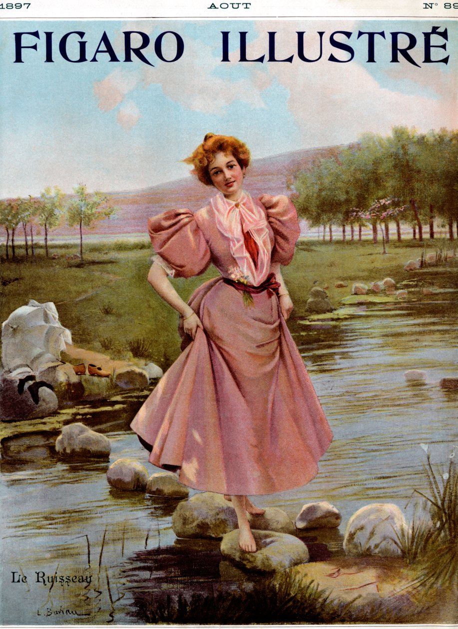 Nuori nainen ylittää puron - Figaro Illustré, elokuu 1897. tekijältä Unbekannter Künstler