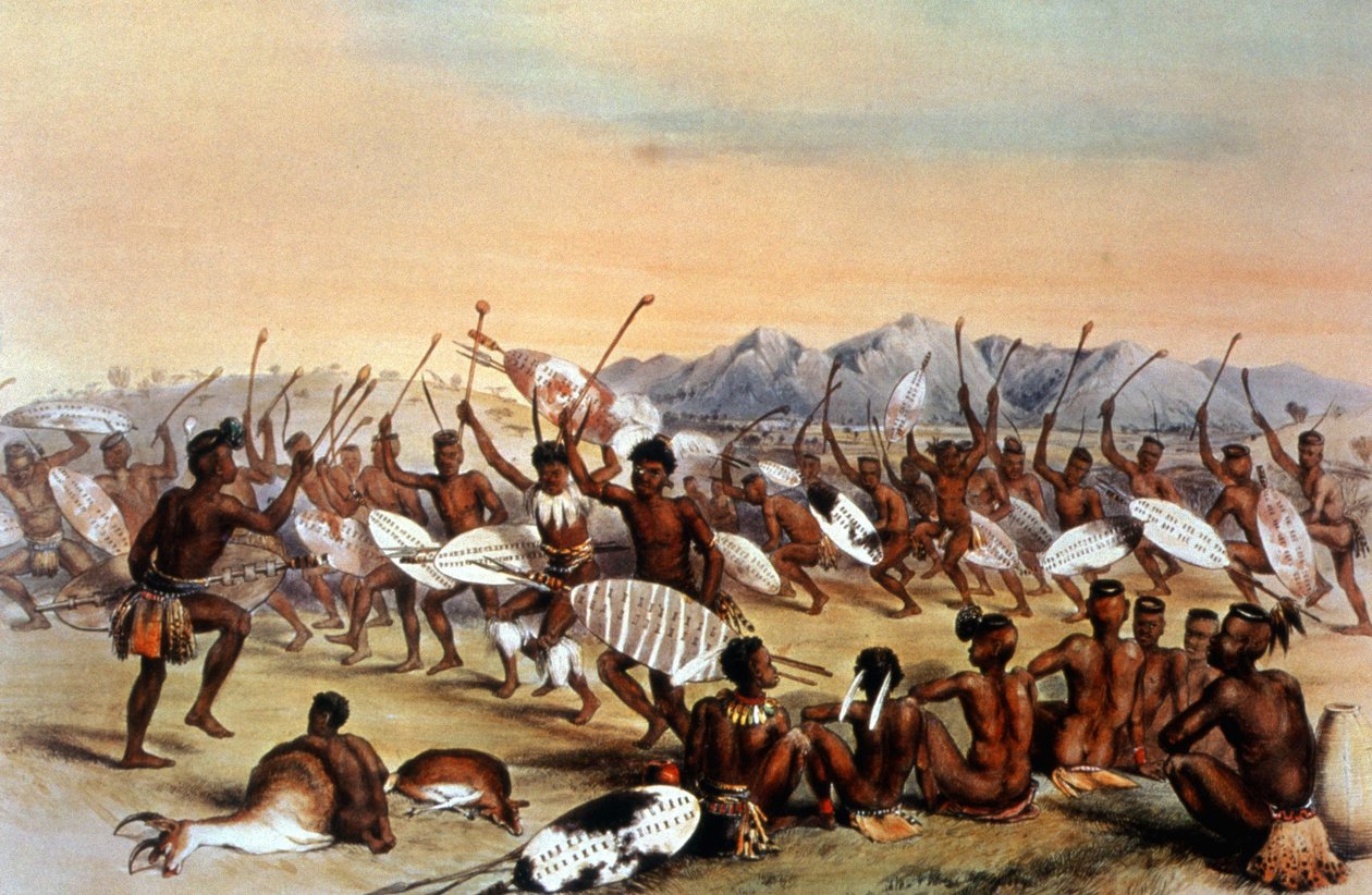 Zulujen metsästystanssi, noin 1848-1849 (kaiverrus). tekijältä Unbekannter Künstler