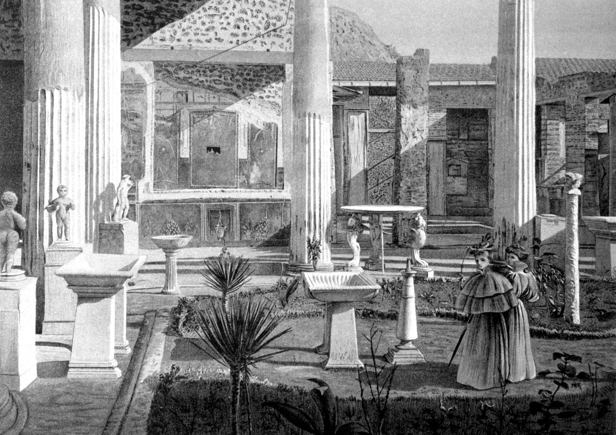 turisteja Pompeijin raunioilla 1900-luvun alussa (piirros) tekijältä Unbekannter Künstler