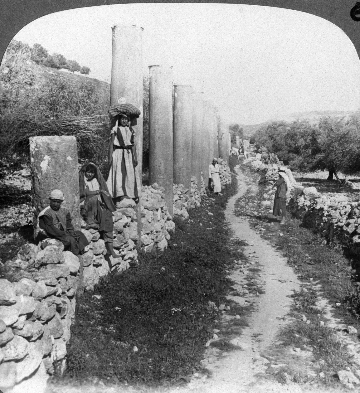 Pylväiden Herodeskatu, Samaria, Palestiina Israel, 1905. tekijältä Underwood and Underwood