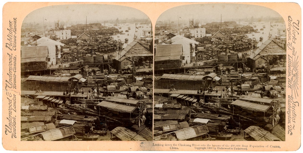 Katse alas Pearl River Zhu Jiangin kantonissa Guangzhoussa, Kiinassa, 1900 tekijältä Underwood and Underwood
