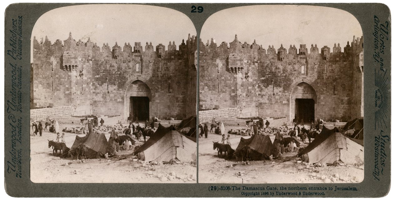 Damaskuksen portti, pohjoinen sisäänkäynti Jerusalemiin, Palestiina, 1896. tekijältä Underwood and Underwood