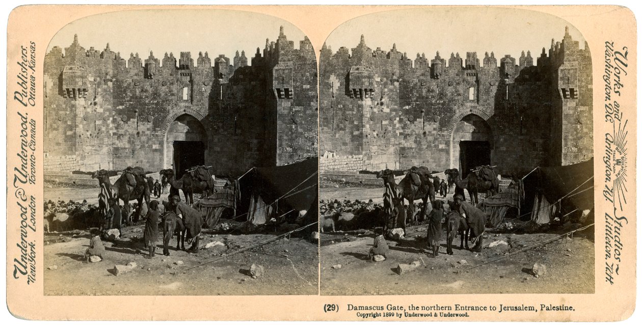 Damaskuksen portti, pohjoinen sisäänkäynti Jerusalemiin, Palestiina, 1899. tekijältä Underwood and Underwood