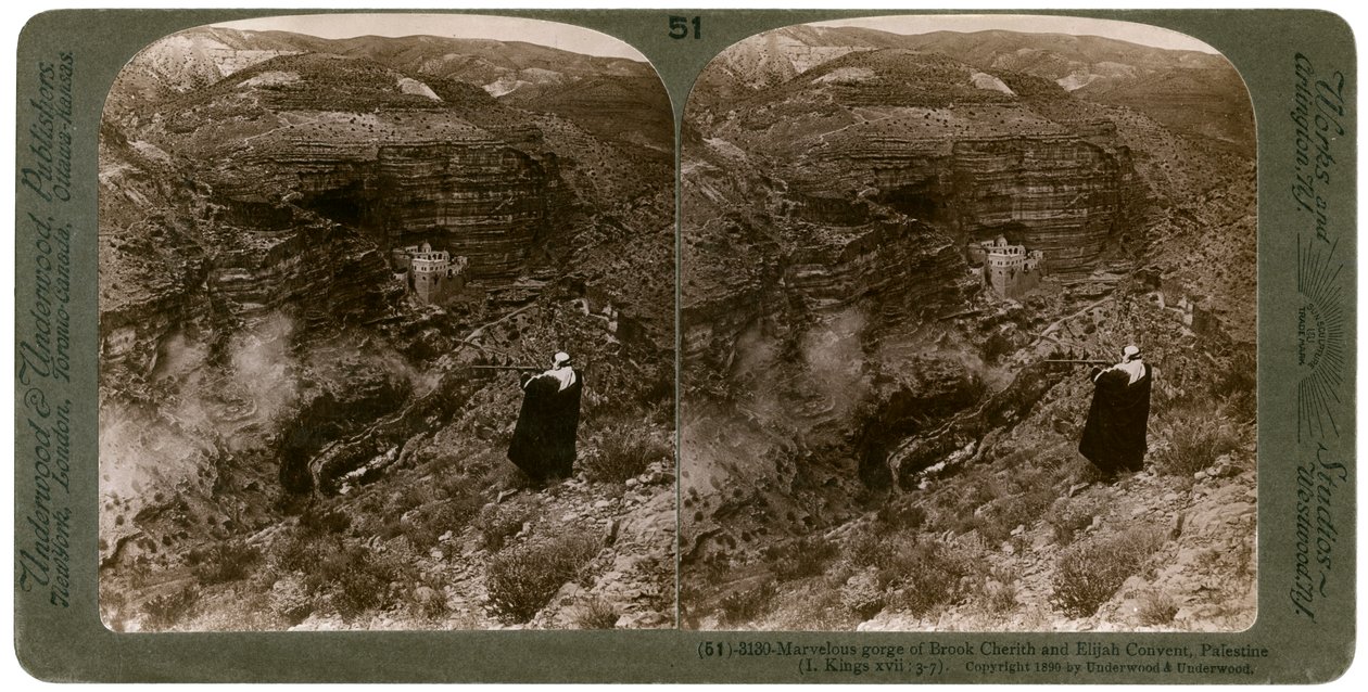 Brook Cherithin rotko ja Elijah-luostari, Palestiina, 1890. tekijältä Underwood and Underwood