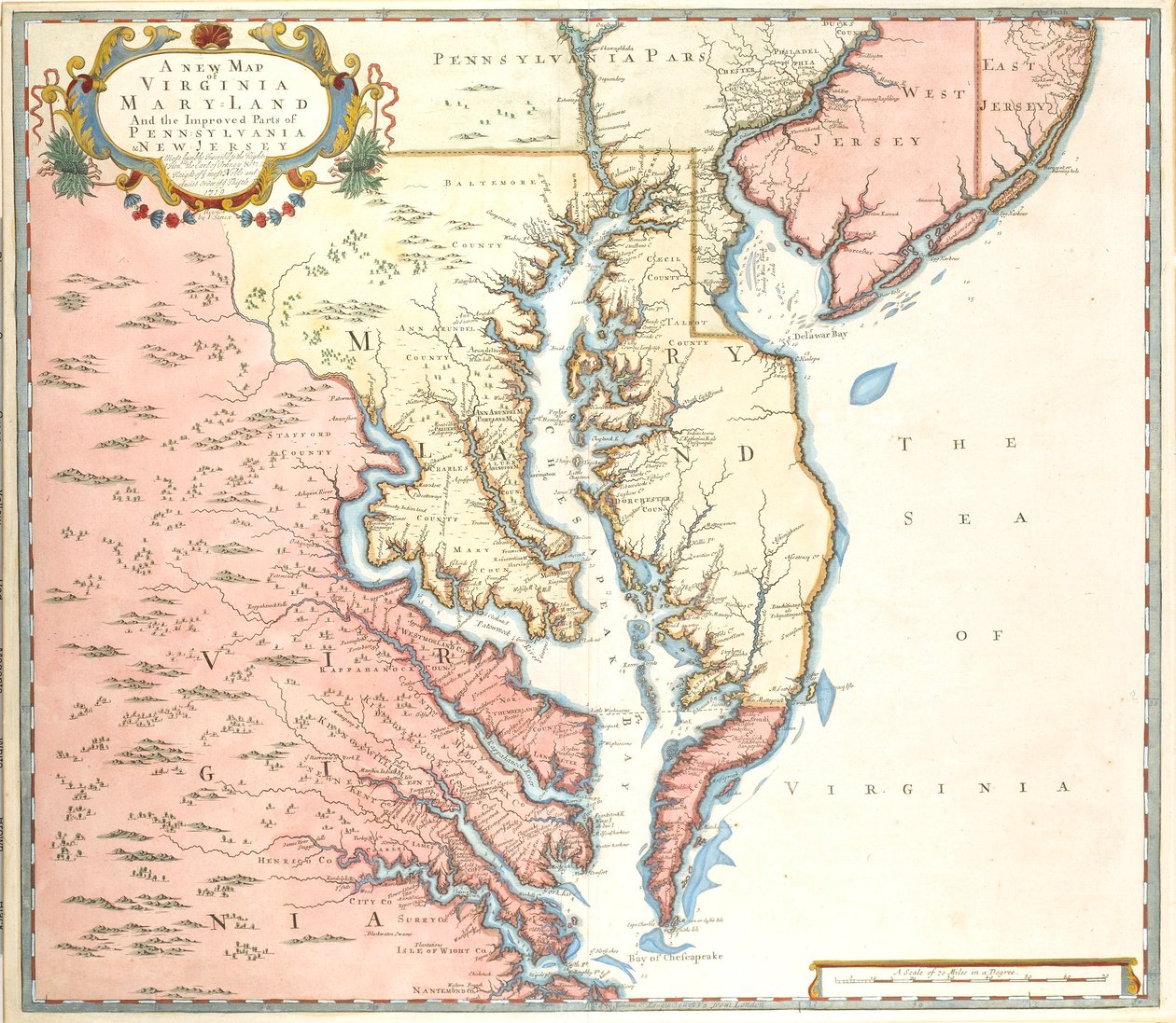 Uusi kartta Virginiasta ja Marylandista sekä Pennsylvanian ja New Jerseyn parannetuista osista. tekijältä Unidentified