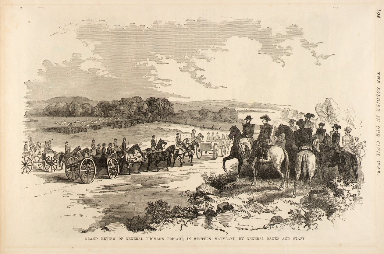 Kenraali Banksin ja esikunnan kenraali Thomasin prikaatin suuri katsaus Länsi-Marylandissa, kirjasta "The Soldier in Our Civil War" (Sotilas sisällissodassamme). tekijältä Unidentified