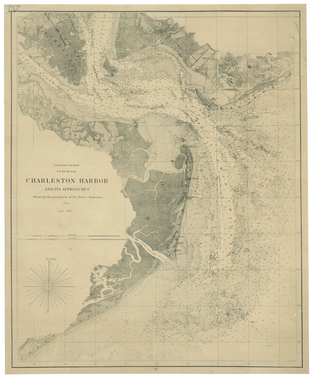 Charlestonin satama ja sen lähestymisalueet sekä kapinallisten pattereiden sijainnit LOC lva0000206 tekijältä United States Coast Survey