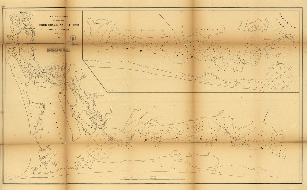 Core Sound ja Straits, Pohjois-Carolina. LOC 99447462 tekijältä United States Coast Survey
