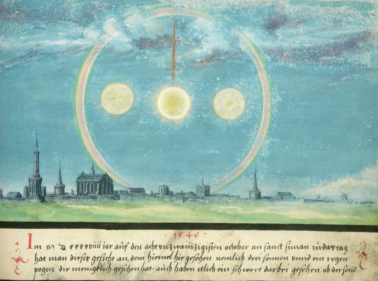 Augsburger Wunderzeichenbuch - Folio 164: Nebensonnen und Schwert 28. lokakuu 1549 tekijältä Unknown