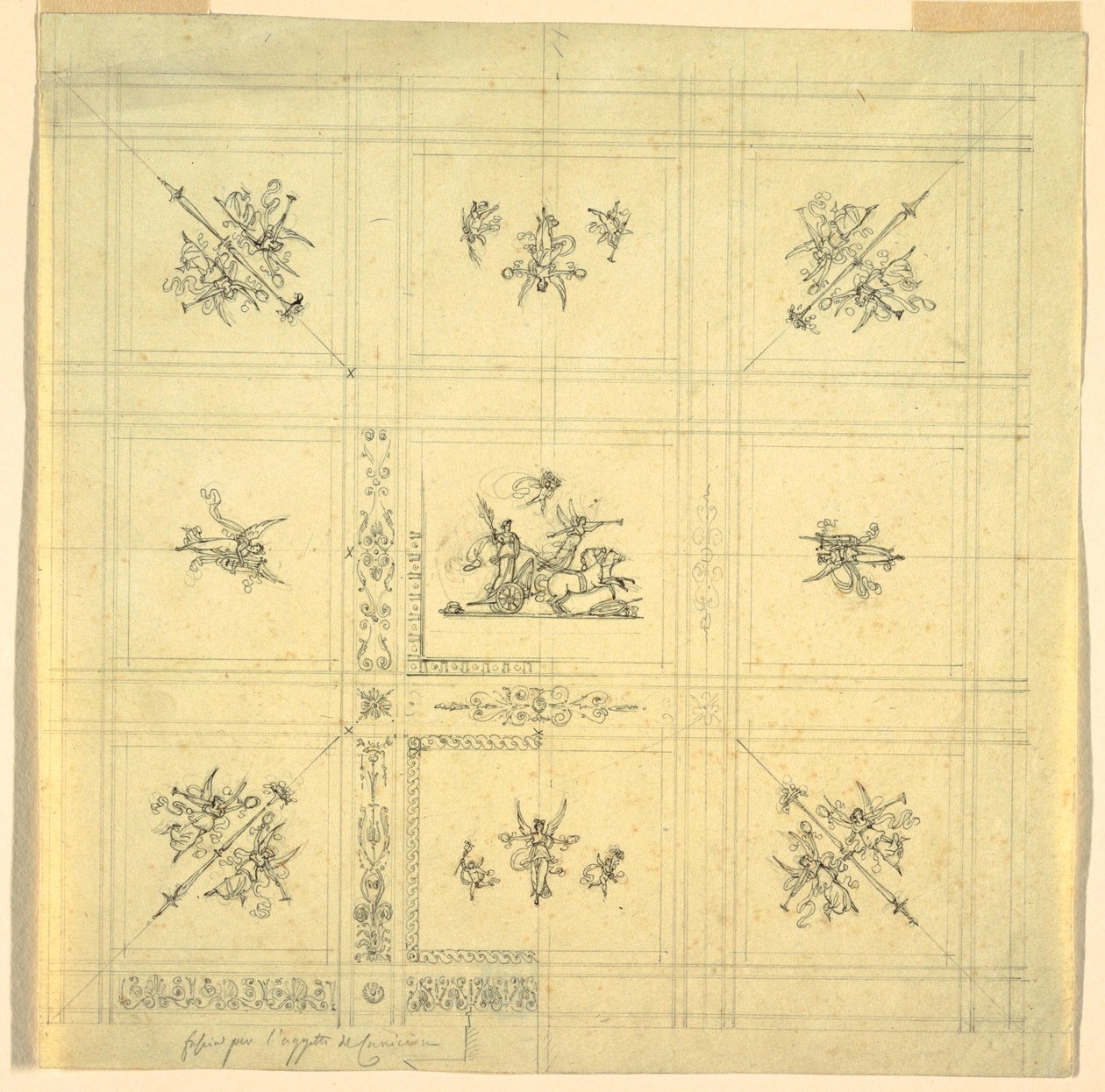 Piirustus, Katon koristelu, Voitto vaunuissa, Palazzo Quirinale, Rooma, 1812 tekijältä Unknown