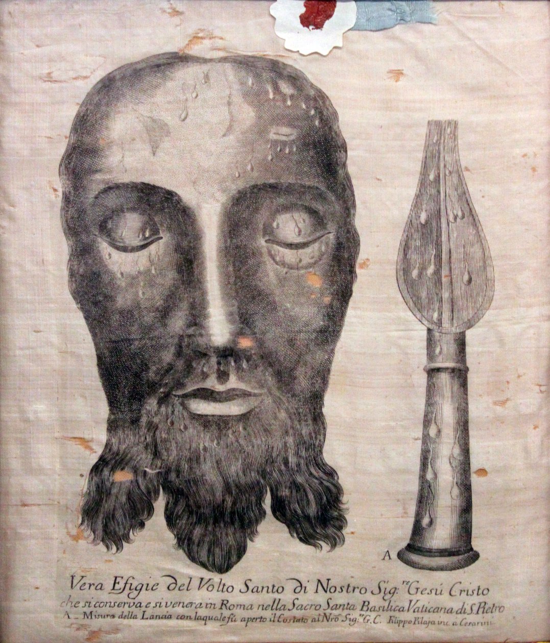 Kristuksen kasvot, Rooman Saint Veronican kankaan mukaan, kuparikaiverrus silkistä tekijältä Unknown