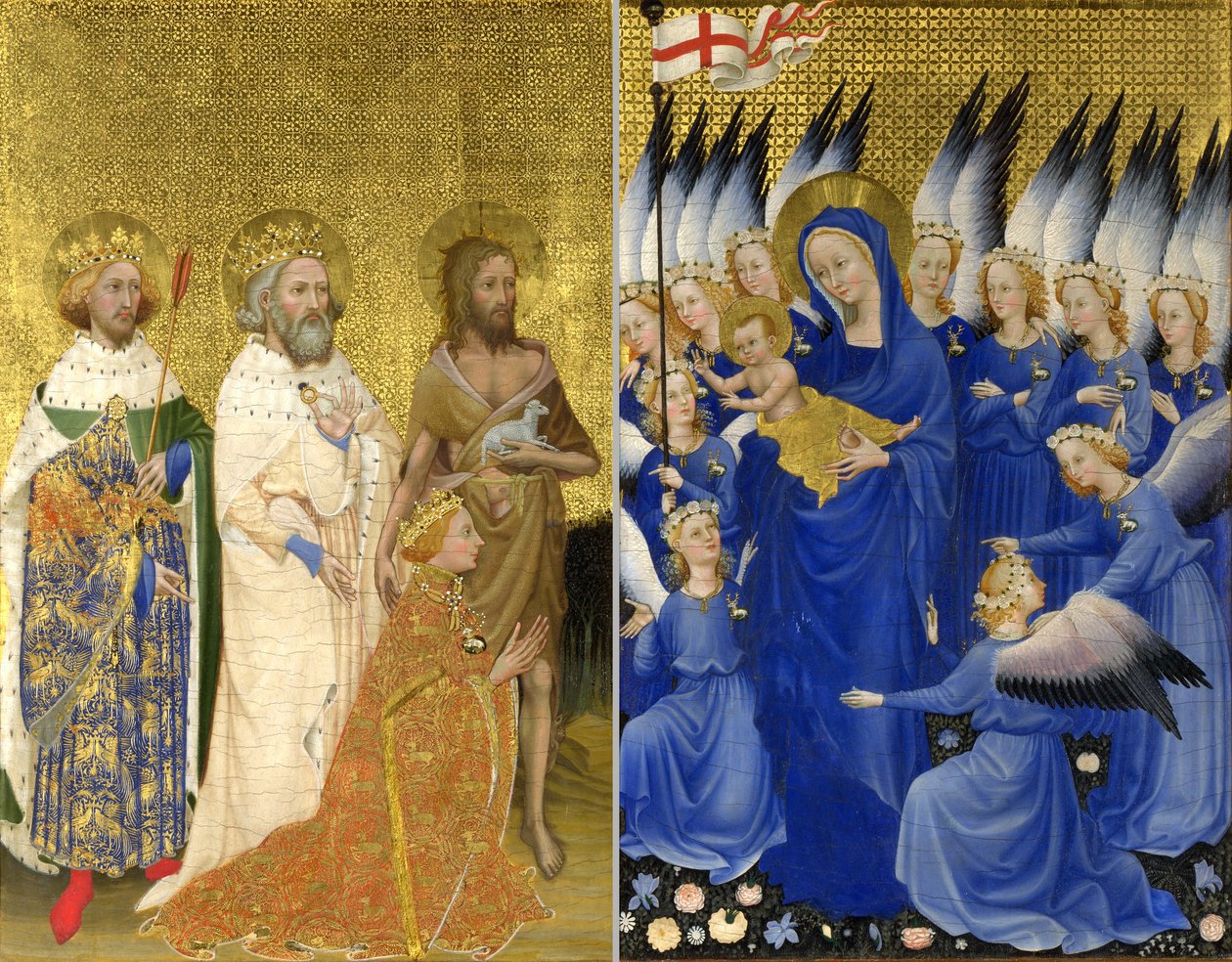 Richard II esitteli Neitsyt ja lapsi suojeluspyhimyksensä Johannes Kastajan ja pyhät Edward ja Edmund (The Wilton Diptych) tekijältä Unknown