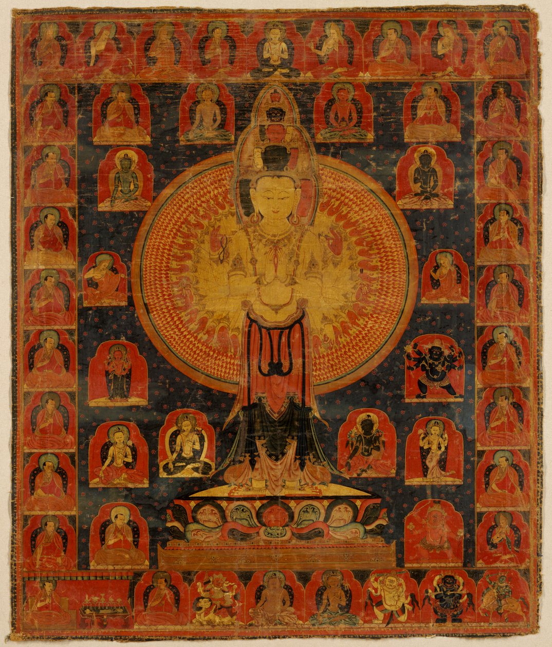 Tuhannet aseistettu Chenresi, Bodhisattvan Avalokiteshvara-kosminen muoto. Tiibet. tekijältä Unknown