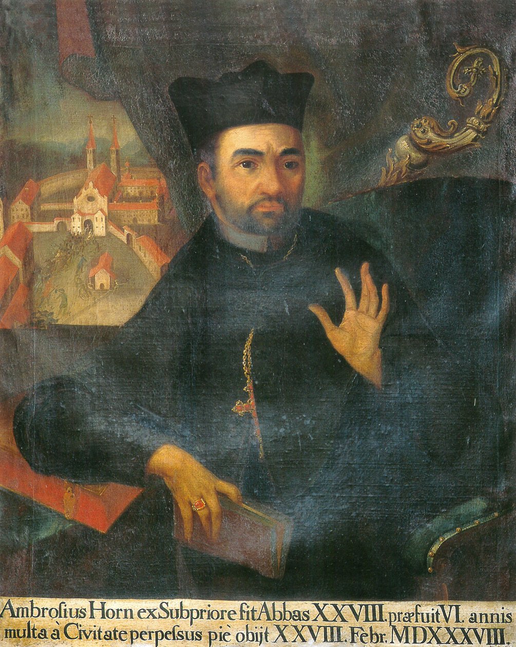 der 28. Abt, Ambrosius Horn, im Hintergrund Bildersturm im Kloster Isny tekijältä Unknown