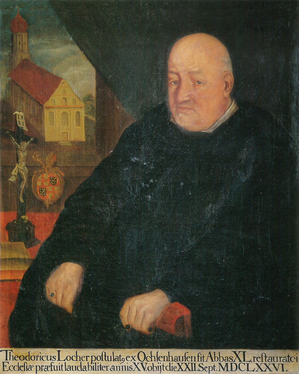 der 40. Abt, Theoderich Locher, im Hintergrund die Klosterkirche St. Georg Isny tekijältä Unknown