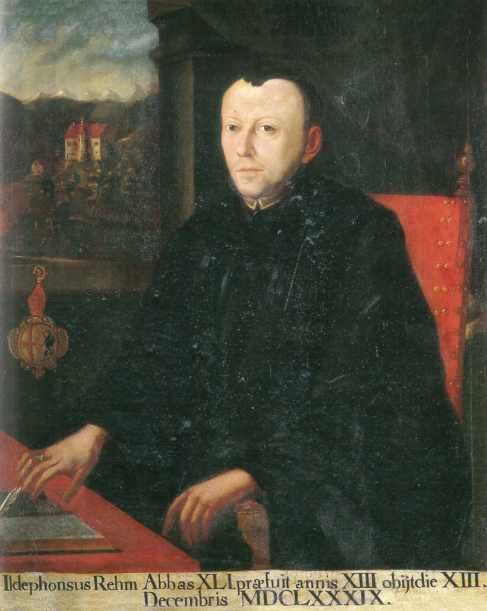 der 41. Abt, Ildephons Rem (Rehm), im Hintergrund eine Ansicht von Schloss Eggen tekijältä Unknown