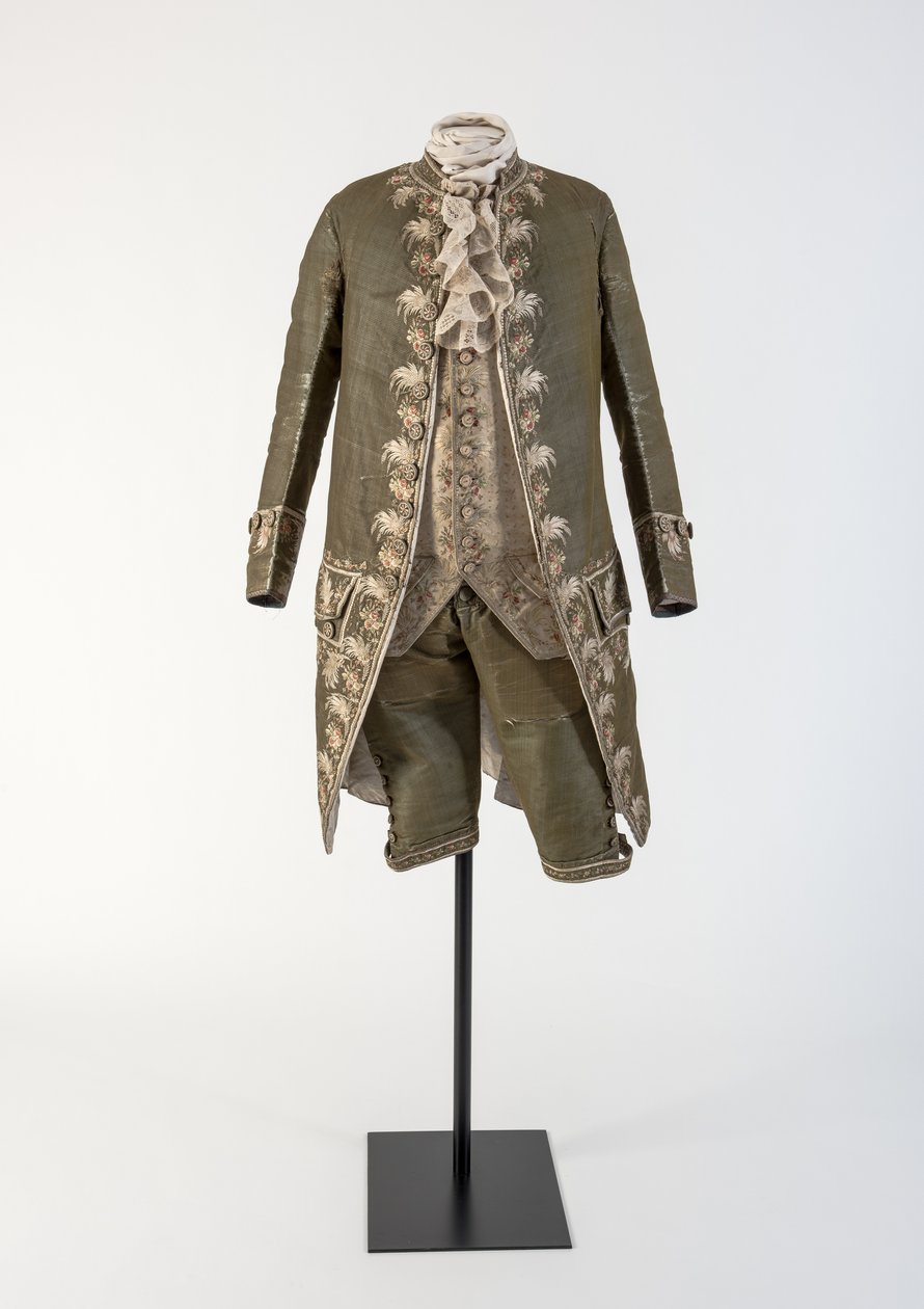 Miesten vihreä kudottu silkkikirjailtu takki ja polvihousut, käytetty hovissa, 1770-luku (silkki) tekijältä Unbekannt Unbekannt