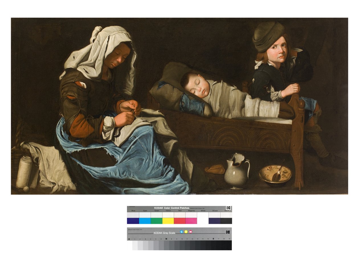Äiti ompelemassa kahden lapsen kanssa, 1670-1700 tekijältä Unbekannt Unbekannt