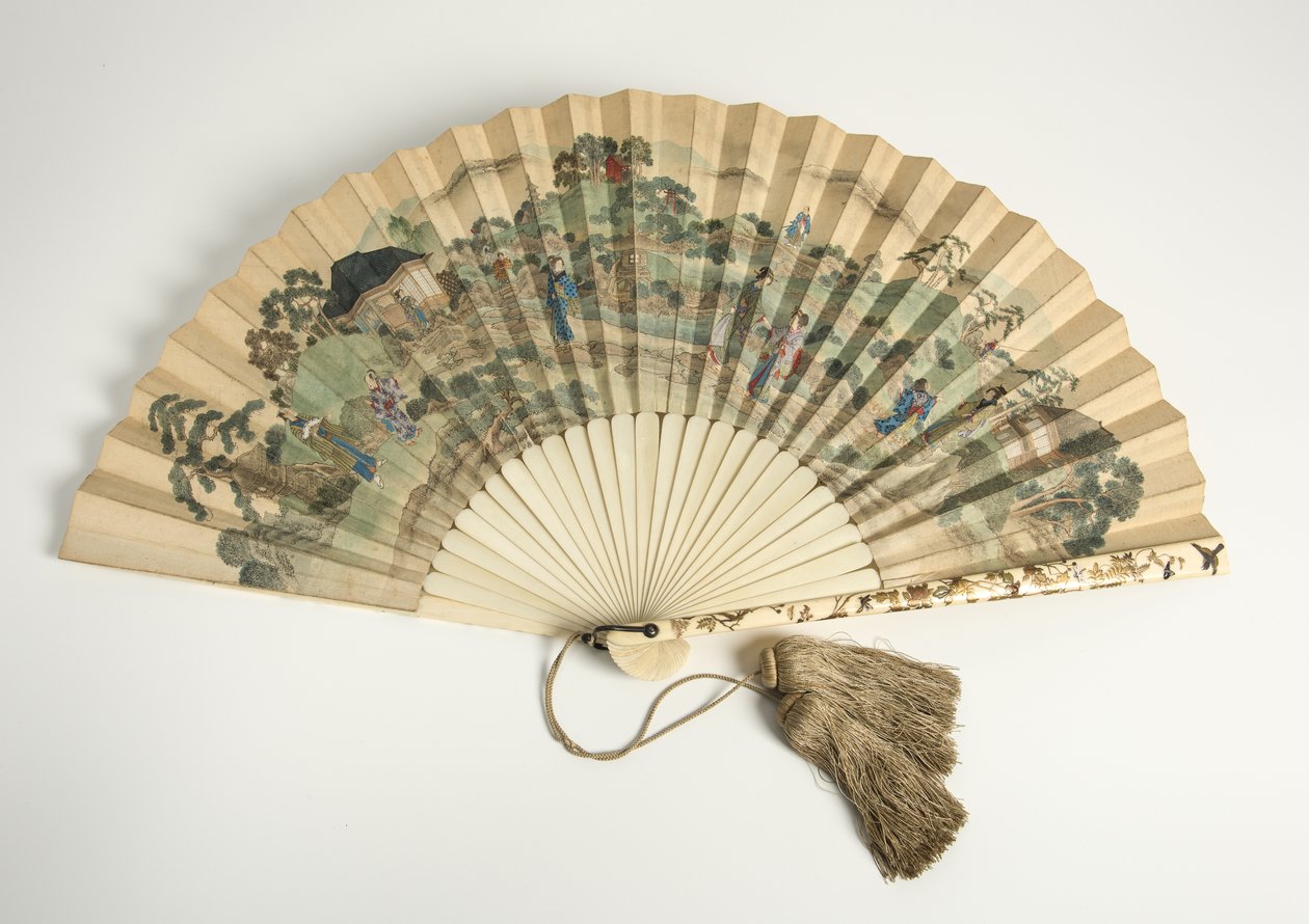 Painettu paperiviuhka, japanilaisia hahmoja maisemassa, 1880 (norsunluu, paperi ja tupsut) tekijältä Unbekannt Unbekannt