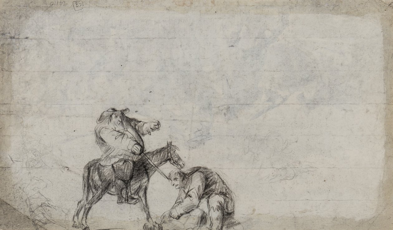 Travellerin pahoinpitelyyn liittyvä tutkimus, mahdollisesti Samuel Butlerin Hudibras, n. 1790 (hiili paperilla) tekijältä Unbekannt Unbekannt