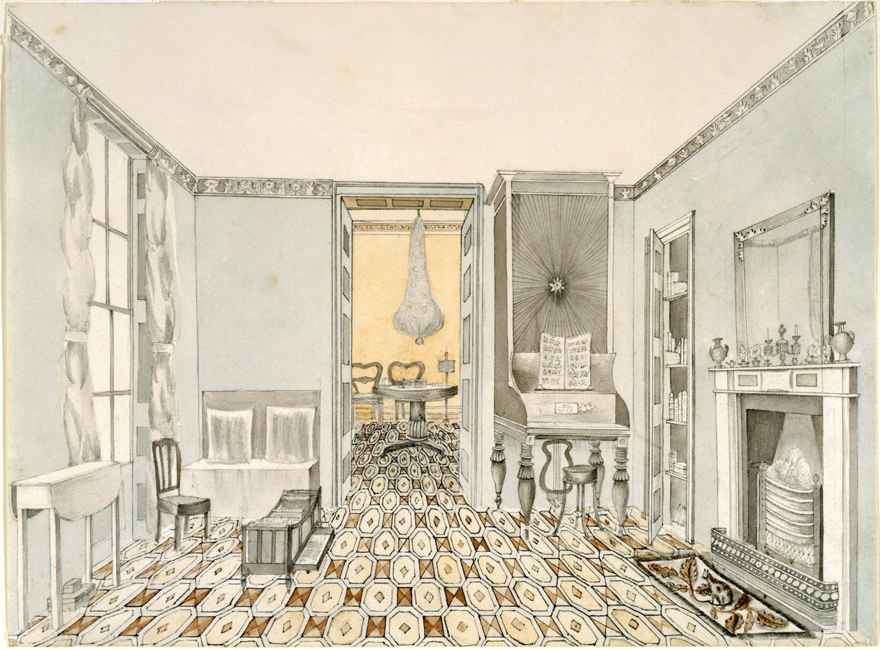 Näkymä olohuoneesta, n. 1835-1840 (kynä, muste ja wc paperilla) tekijältä Unbekannt Unbekannt