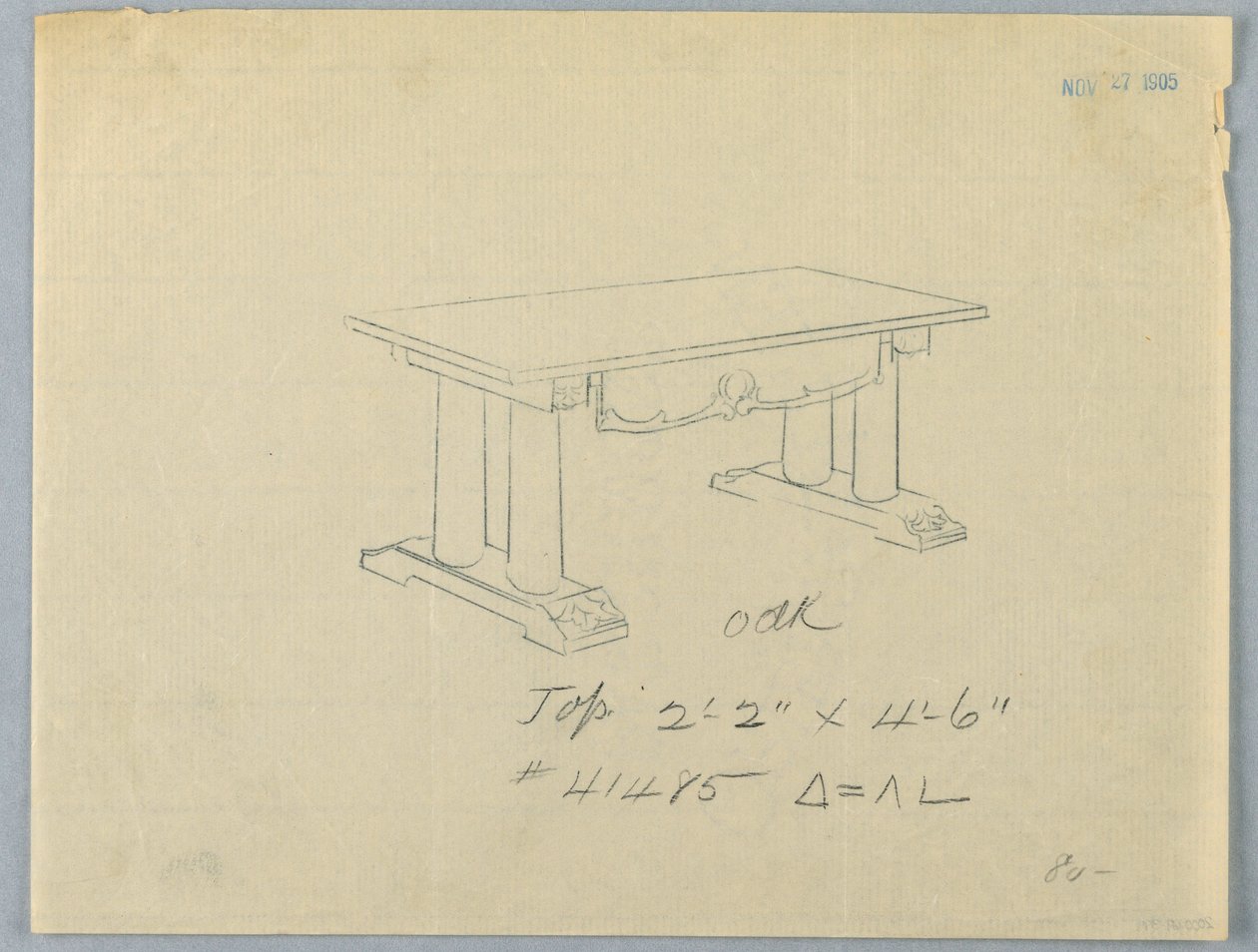 Piirustus, muotoilu suurelle pöydälle, jossa on pylvästuet ja pohjalevy, 1900–05 tekijältä Unknown