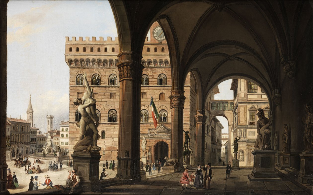 Blick von der Loggia dei Lanzi zum Palazzo della Signoria kaupungissa Florenz tekijältä Unknown