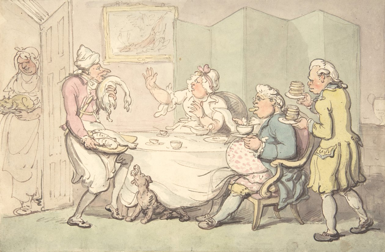 Pari pöydässä palvelijoiden kanssa, 1700-1800-luku. tekijältä Unknown,Unknown.