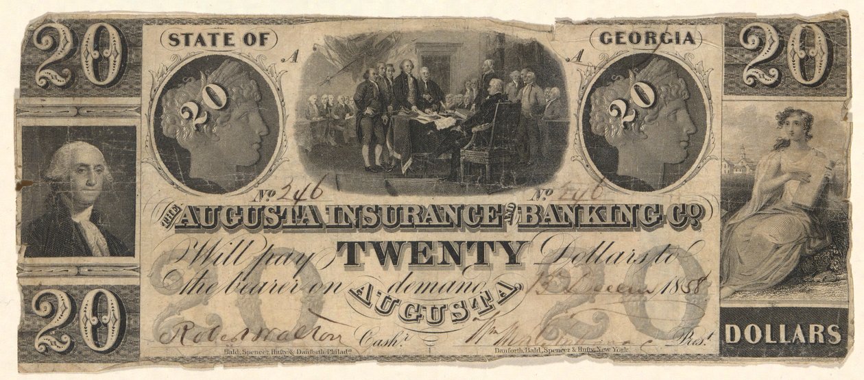 20 dollarin seteli, jonka julkaisi Augusta Insurance & Banking Co., Augusta, Georgia, vuonna 1858, jossa kaiverrukset itsenäisyysjulistuksesta Trumbullin jälkeen, Washington Stuartin jälkeen (?) tekijältä Unknown