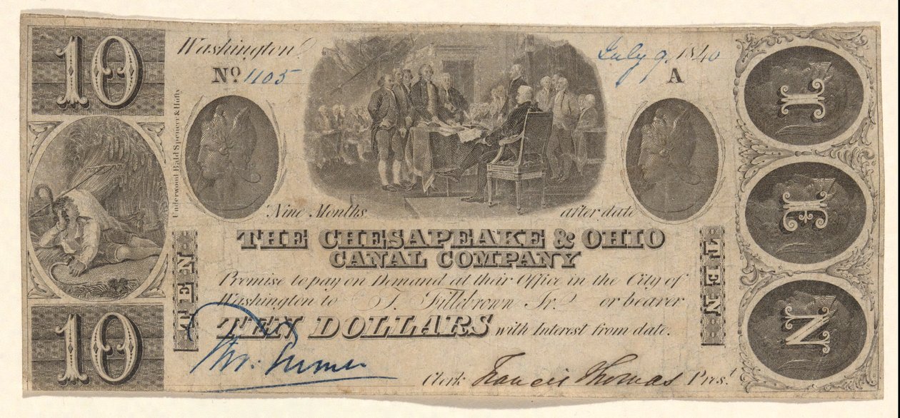 The Chesapeake and Ohio Companyn 10 dollarin seteli, jossa on vinjettitodistus Trumbullista tekijältä Unknown