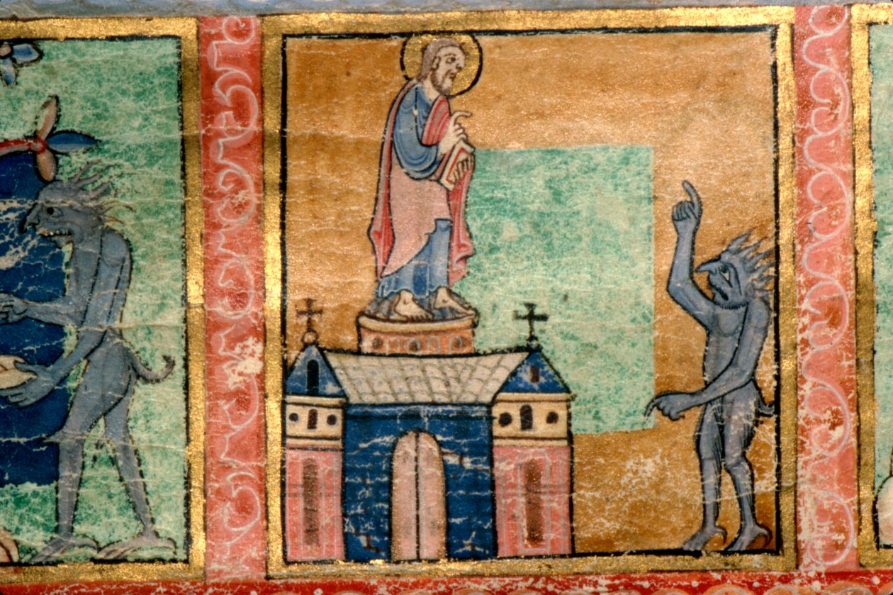 Yksityiskohta psalterista, Kristuksen kiusaus, toinen luultavasti valaistu Canterburyssa, 1140 tekijältä Unknown