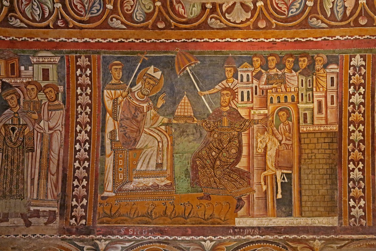 Keisari Konstantinus esittelee keisarillisen tiaaransa paavi Sylvesterille antaen hänelle vallan Roomaan, San Silvestro -kappelin länsimuuriin, 1246 tekijältä Unknown