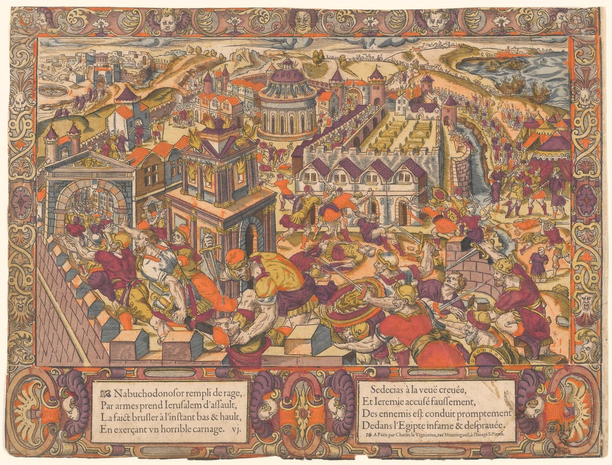Jerusalem est palkinto ja brulee, le Roy Sedecias a les yeux crevez. Et Jeremie est mene en Babilone. (Jerusalem valloitetaan ja poltetaan; kuningas Seleikiksen silmät on hakattu ulos. Ja Jeremia tuodaan Babyloniin. Jeremia 39-43), no. 6, Jeremian tarina tekijältä Unknown