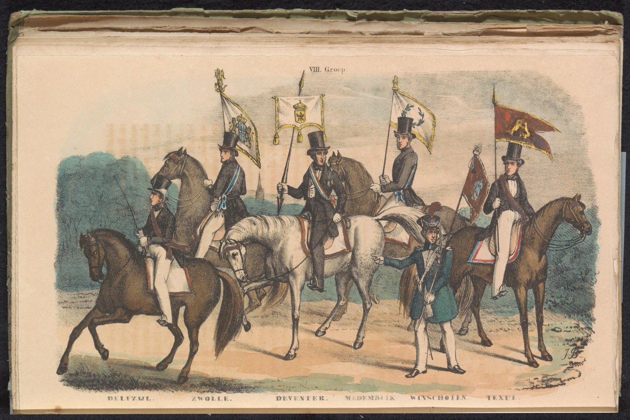 Delfzijlin, Zwollen, Deventerin, Medemblikin, Winschotenin ja Texelin kunniavartijoiden puvut ja liput, 1840-1842 VIII. Ryhmä (otsikko objektissa) tekijältä Unknown