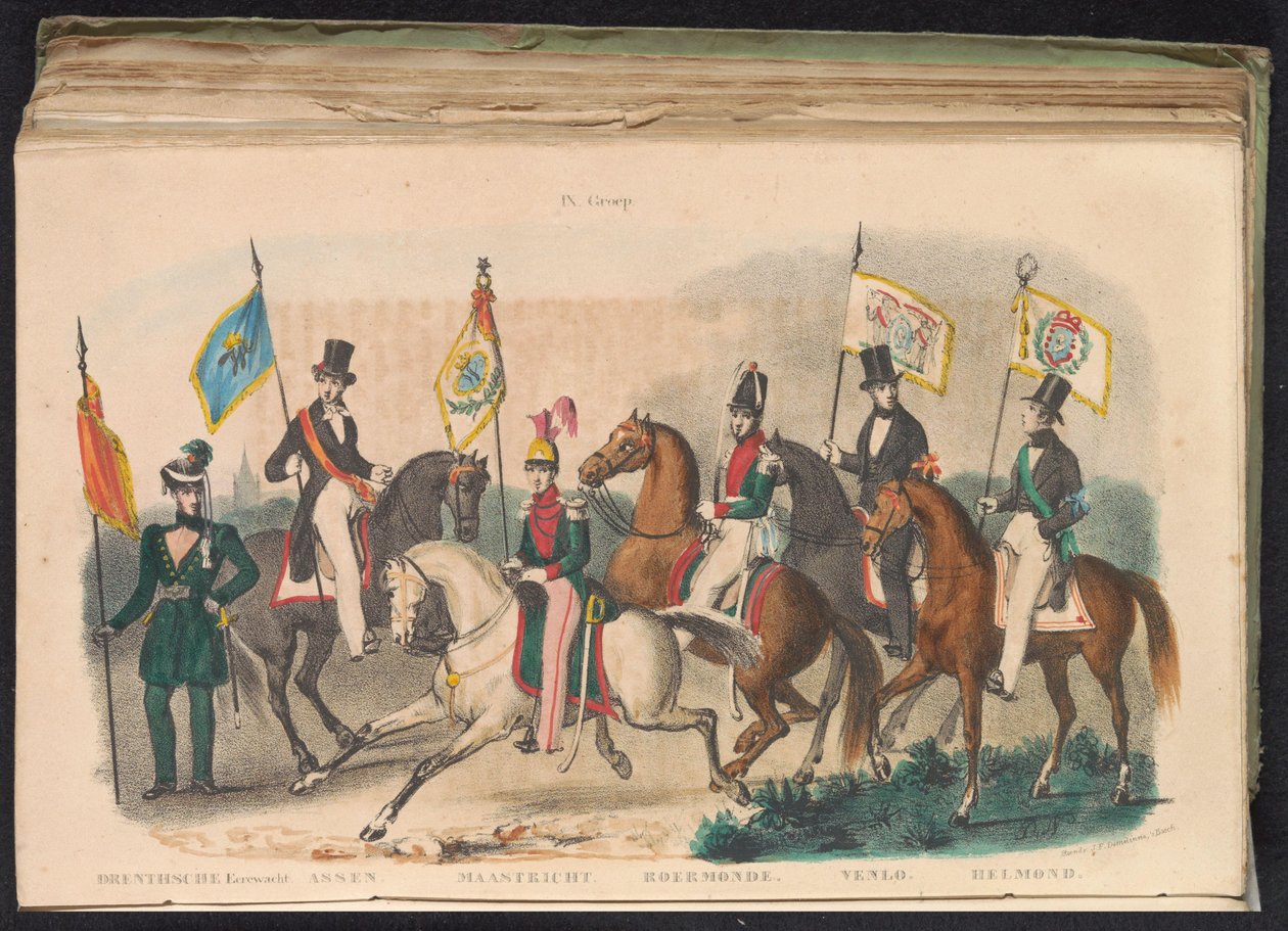 Drenthen, Assenin, Maastrichtin, Roermondin, Venlon ja Helmondin kunniavartijoiden puvut ja liput, 1840-1842 IX. Ryhmä (otsikko objektissa) tekijältä Unknown