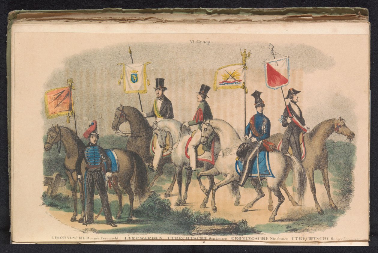 Groningenin, Leeuwardenin ja Utrechtin kunniavartijoiden puvut ja liput, 1840-1842 VI. Ryhmä (otsikko objektissa) tekijältä Unknown