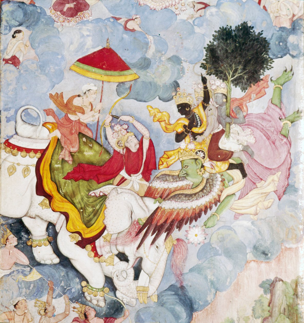 Krishna, Bird-God, Garuda taistelee Indraa vastaan norsussa, Harivamsa-käsikirjoitus, c1590 tekijältä Unknown