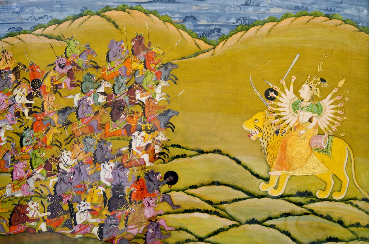 Marwar-maalaus: Demonit valmistautuvat taisteluun jumalatar Durgaa vastaan, Mehrangarhin linnakkeen palatsimuseo, Jodhpur, Rajasthan, Intia tekijältä Unknown