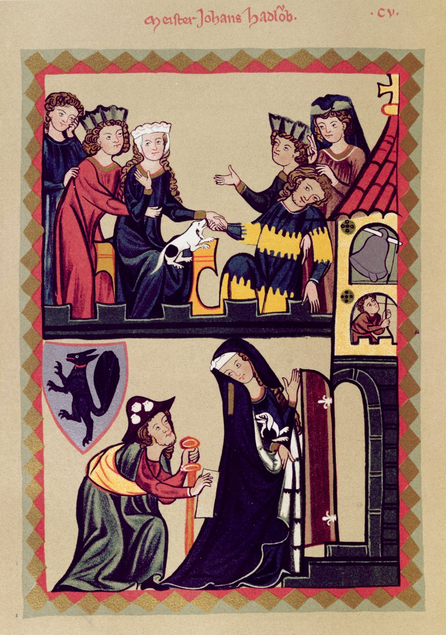 Mestari Johannes Hadloub, kuva Manesse Codexin tai Grosse Heidelberger Liederhandschriftin faksimilestä, valmistettu Zürichissä n. 1305-40 tekijältä Unknown