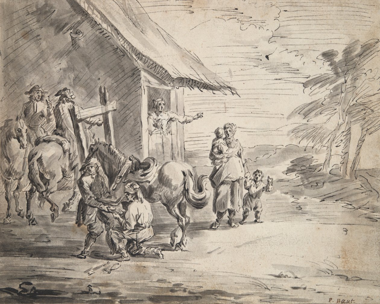 Miehet kenkivät hevosta Country Innin ulkopuolella tekijältä Unknown