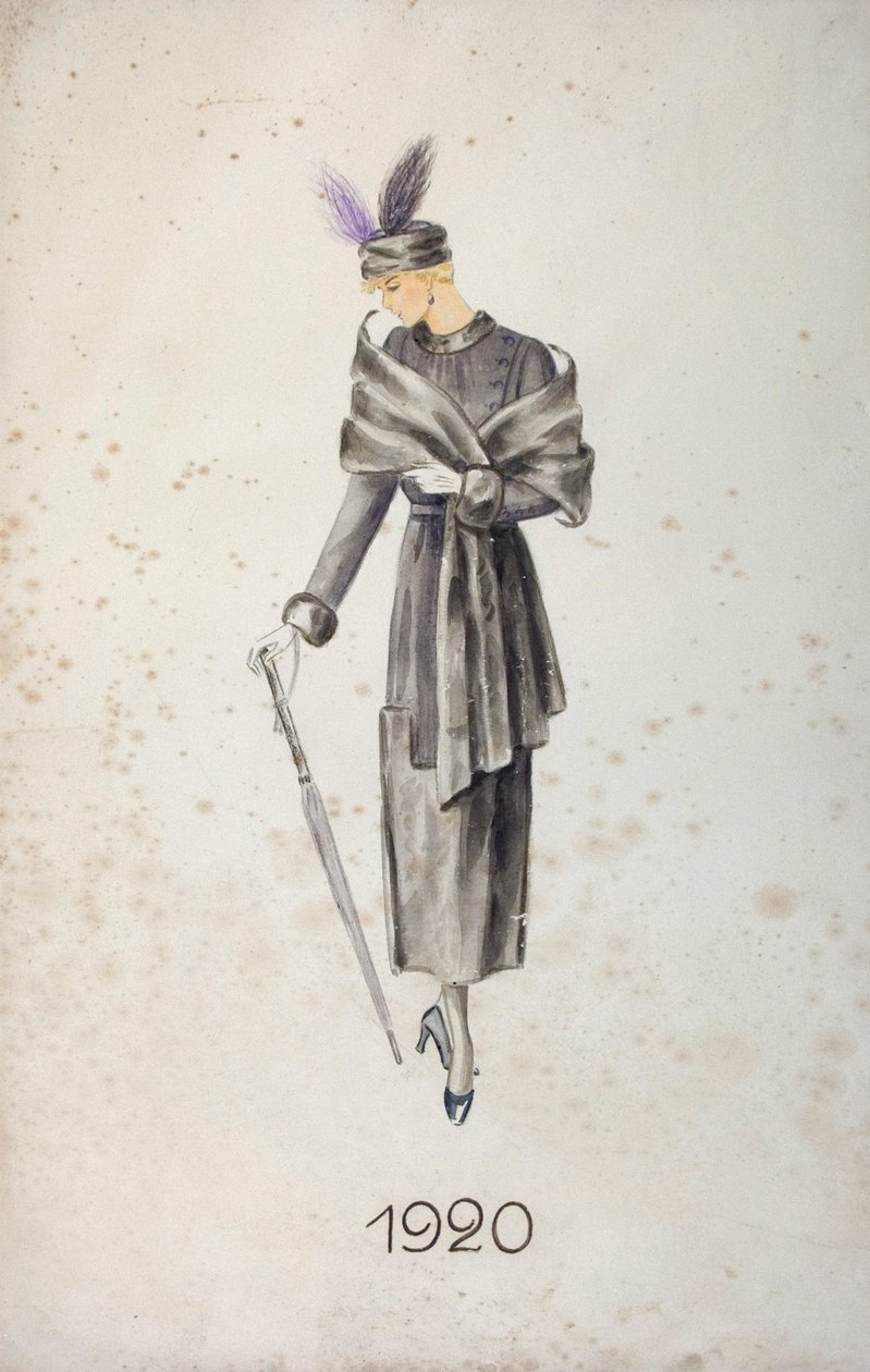 Malli yllään takki ja hattu höyhenillä, kantaa sateenvarjoa, 1920 tekijältä Unknown